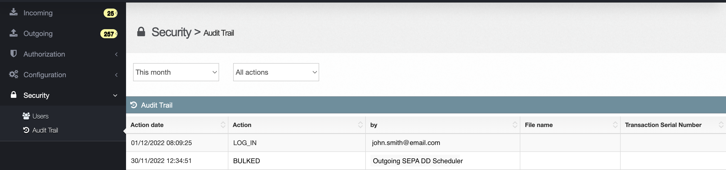 The audit trail submenu under the security menu item